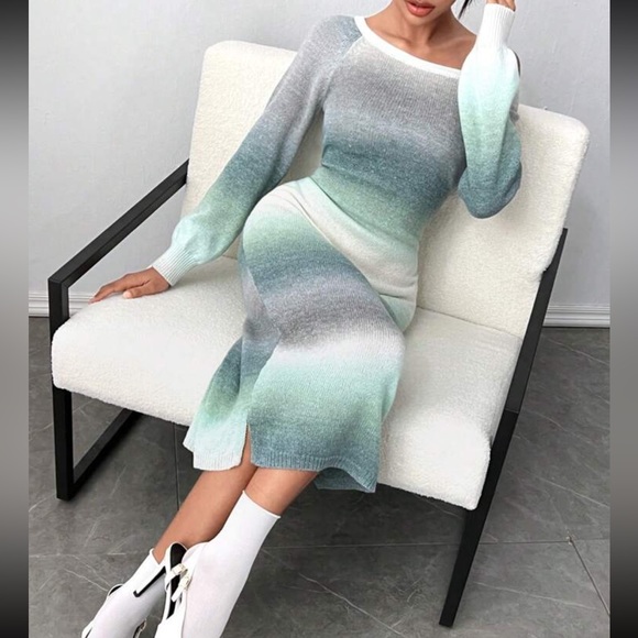 Comfy Off Shoulder Ombre Tie Dye Slit Sweater Dress - Picture 3 of 4